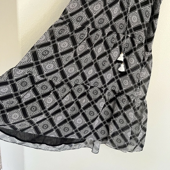 FIGUE Gabriella 100% Silk Diamond Tile Print Ruffle Midi Dress in Black - Picture 6 of 8